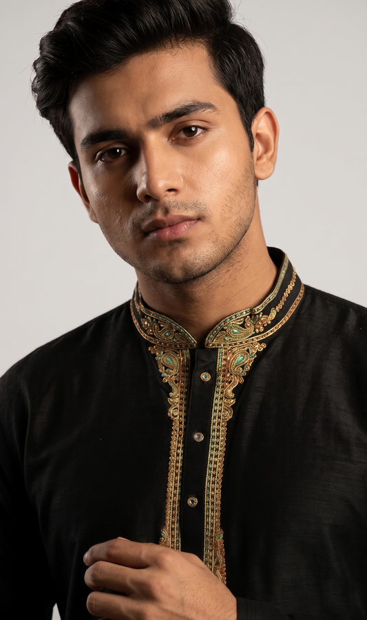 Black Kurta with Embroidered Neckline