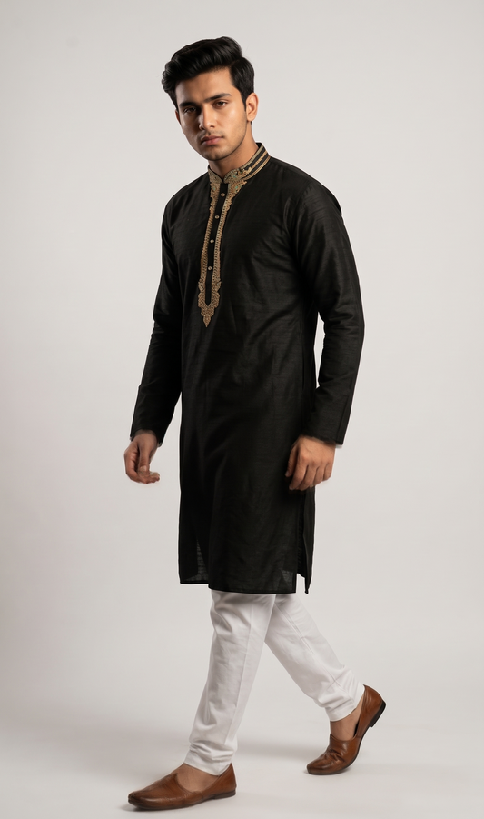 Black Kurta with Embroidered Neckline