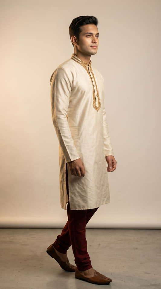 Off White Kurta with Embroidered Neckline