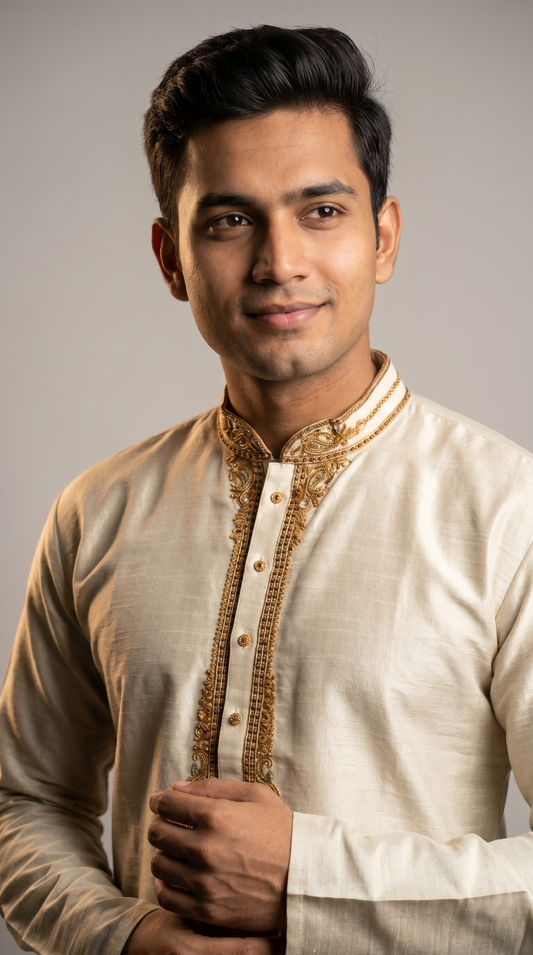 Off White Kurta with Embroidered Neckline